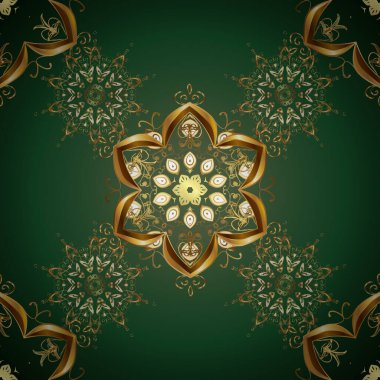 Kahverengi ve yeşil renklerde altın elementlerle kusursuz desen. Kusursuz altın desen. Vektör oryantal süsü.