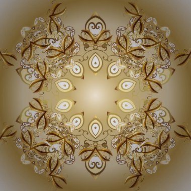 Kına dövmeli süs çiçekleri, altın çıkartmalar, mehndi ve yoga tasarımı, kartlar ve parmak izleri. Bej ve sarı renklerde desen. Vektör altın mehndi kusursuz desen.