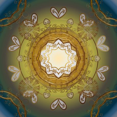 Vektör altın mehndi kusursuz desen. Kına dövmeli süs çiçekleri, altın çıkartmalar, mehndi ve yoga tasarımı, kartlar ve parmak izleri. Tarafsız ve sarı renklerde desen.