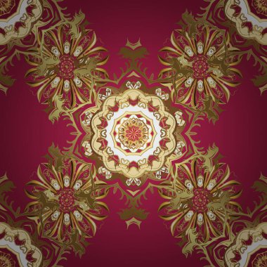 Vector vintage barok çiçeksiz altın desenli. Altın elementlerle kırmızı ve kahverengi renklerde altın desen. Süslü dekorasyon. Lüks, kraliyet ve Viktorya dönemi konsepti.