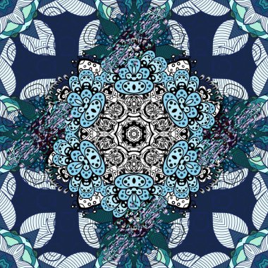 Vektör illüstrasyonunda kusursuz çiçek deseni. Siyah, mavi ve nötr renkte çiçekler.