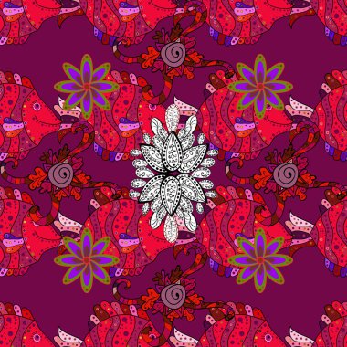 Tekstil, kumaş, kapak, eskizler, baskı, paket, kupür defteri, dekupaj için çiçeksiz bir arka plan. Küçük kırmızı, mor ve siyah çiçekli oldukça eski bir besin torbası deseni. Millefleurlar.