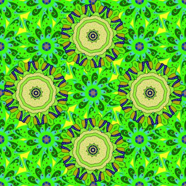 Mavi, yeşil ve sarı renkte çiçekler. Mavi, yeşil ve sarı renklerde çiçeksiz. Çiçek deseni. Vektör çizimi. Şatafatlı bahar bahçesi dokusu.