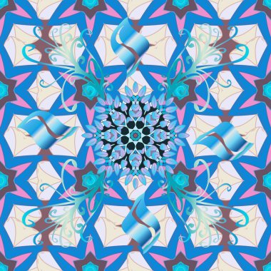 Vektör çizimi. Mavi, bej ve gri renkte çiçekler. El çizimi çiçekleri olan soyut, pürüzsüz desen.