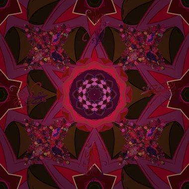 Vektör Yuvarlak Süs Şablonu. Küresel renklerde geometrik daire ögesi. İslam 'ın, Arapça' nın, Hint dinlerinin ruhani ve ayinsel sembolü. Mor, kahverengi ve kırmızı renkler üzerine mandala.