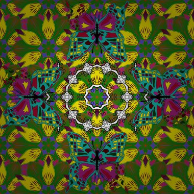 Geleneksel Hint tarzı, kına dövmesi için süslü çiçek unsurları, renkli çıkartmalar, mehndi ve yoga tasarımı, kartlar ve parmak izleri. Mavi, yeşil ve sarı renkli mehndi 'nin vektör çizimi.