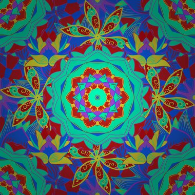 Suluboya, elle çizilmiş. Kusursuz bir arka plan modeli. Vektör çizimi. Yeşil, mavi ve kırmızı yapraklı yabani çiçekler.