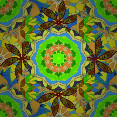 Vadinin çiçekleri yeşil, mavi ve sarı renklerde. Soyut etnik vektör kusursuz desen. Çiçekler..