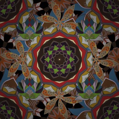 Şekillendirilmiş çiçeklerle kusursuz bir yaz deseni. Vektör süslemeli zentangılsız doku, kahverengi, bej ve gri renklerde soyut çiçek mandalalarıyla desen. Çizim için kullanılabilir, web sayfası.