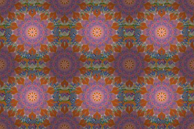 Düz Çiçek Elementleri Tasarımı. Renkli Bahar Temalı Kusursuz Arkaplan. Turuncu, pembe ve mavi renkli çiçekler. Sevimli çiçek raster deseni.