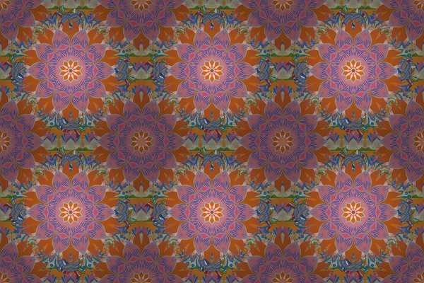 Flat Flower Elements Design. Colour Spring Theme seamless pattern Background. Flowers on orange, pink and blue colors. Cute flower raster pattern.