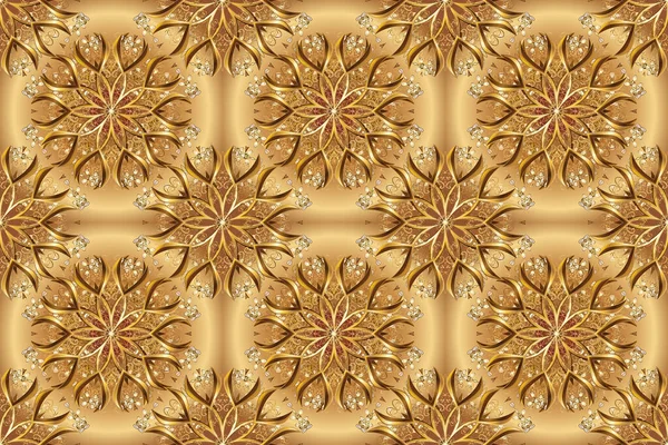 Golden pattern. Brown and beige colors with golden elements. Raster golden floral ornament brocade textile pattern. Metal with floral pattern.