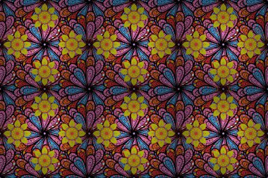 Pembe, yeşil ve siyah renklerde elle çizilmiş mandala. Raster soyut desen.