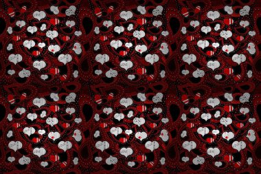 Moda baskısı, hatıra defteri, ambalaj kağıdı ve duvar kağıdı için kusursuz desenli dekoratif süs. Beyaz, kırmızı ve siyah renkli resimler Raster illüstrasyonu.