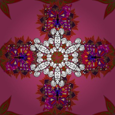 Kusursuz çiçek deseni. Vektör çizimi. Vektör çizimi. Kırmızı, morumsu ve beyaz renkte çiçekler. Asya tekstil tarzında.