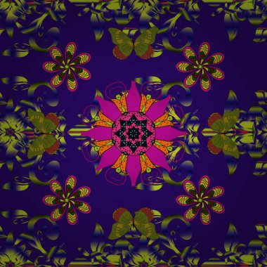 Soyut çiçek desensiz arkaplan. Vektör çizimi. Küçük çiçekteki sevimli çiçek deseni. Vektör deseni. Sarı, yeşil ve mavi renklerde.