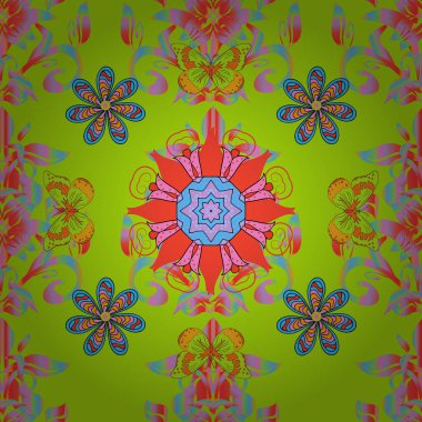 Vektör çiçek izi. Vector Tender kumaş deseni. Klasik taslak çizimi. Çiçekli turuncu, pembe ve yeşil pürüzsüz desen.