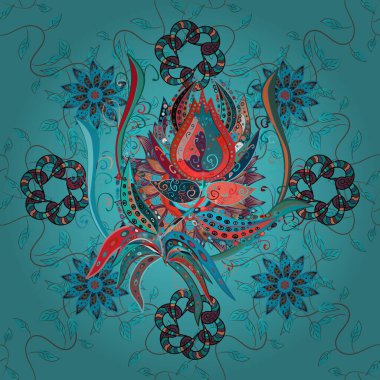 Elle boyanmış suluboya, dikişsiz çiçekler ve bitkiler. Mavi, kahverengi ve siyah renkte çiçekler.