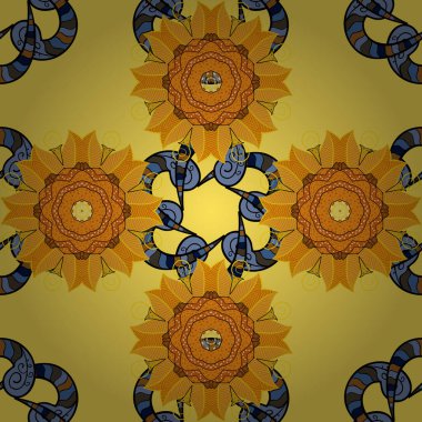 Sarı, siyah ve turuncu renkli çiçekler. Vektör illüstrasyonunda kusursuz çiçek deseni.