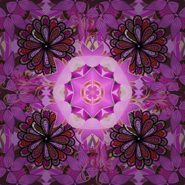 Hediye ambalaj kağıdı, tebrik kartları, posterler ve pankart tasarımı. Vektör düz çiçekler pürüzsüz desen. Siyah, mor ve pembe renkte çiçekler.