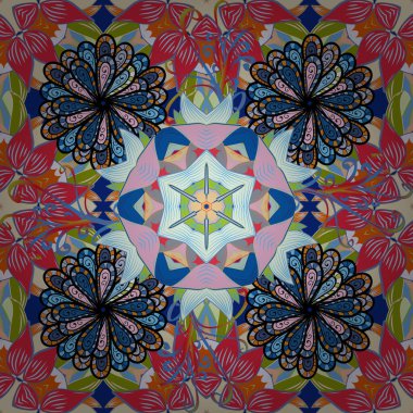 Kırmızı, mavi ve nötr renklerde çiçekler. Vektör illüstrasyonunda kusursuz çiçek deseni.