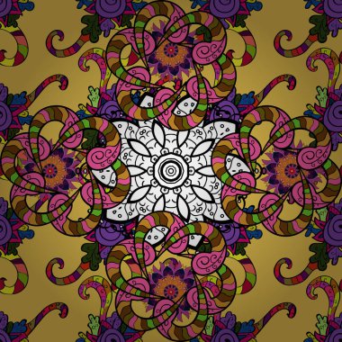 Çiçekli siyah, sarı ve pembe pürüzsüz desen. Vektör çiçek izi. Klasik taslak çizimi.