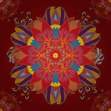 El boyası vektör mandala, kırmızı, mor ve turuncu renkli, Hint tavus kuşu, Hint deseni, renkli mandala, mandala tavus kuşu.