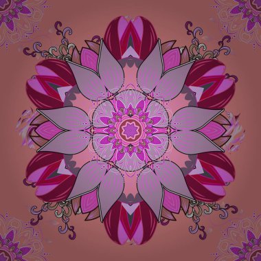 Kırmızı, pembe renkte etnik süs. Arapça, Hintçe, Türkçe ve Osmanlıca kültür dekorasyonu. Kutlama, baskı ve kumaşın büyülü klasik şablonu. El çizimi vektör rengi Mandala pürüzsüz desen.