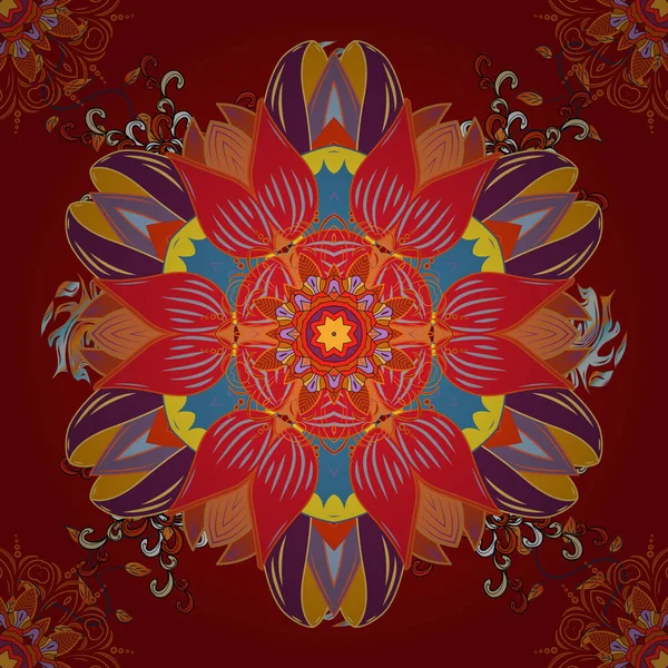 Handbemaltes Vektormandala Gefärbt Auf Roten Lila Und Orangen Farben Indischer — Stockvektor