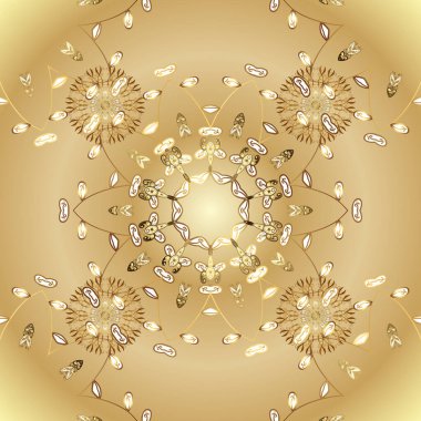 Altın elementlerle bej ve sarı renklerde kusursuz klasik desen. Bej ve sarı renklerde altın rengi ve altın elementleri var. Noel, kar tanesi, yeni yıl.