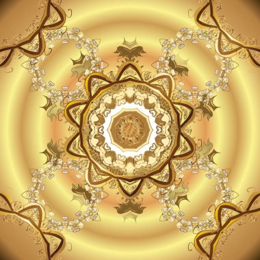 Kusursuz desenli altın elementler. Kart, eskiz, ambalaj ve tekstil için klasik tasarım. Bej ve sarı renkli Royal retro. Klasik çiçek dokusu. Altın şablon. Vektör illüstrasyonu.