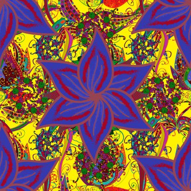 Çiçek. Sarı, kırmızı ve mor renklerde. Kusursuz dekoratif arka plan, çiçek mandala. Vektör illüstrasyonu.