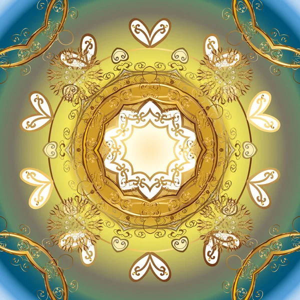 Çiçek süsüsüyle kusursuz desenli vektör. Süslü dantel iz sürücü. Doğu tarzında klasik tasarım öğesi. Çizim için altın süsleme. Sarı renkler üzerine geleneksel Arapça dekor.