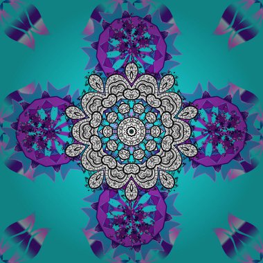 Renkli Yaz Temalı Kusursuz Arkaplan. Mavi, beyaz ve mor renkli çiçekler. Şirin çiçek vektör deseni. Düz Çiçek Elementleri Tasarımı.