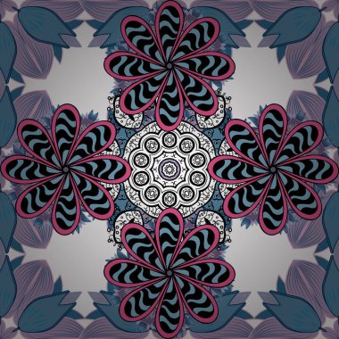 Şirin çiçek elementleri. Vektör çizimi. Kusursuz. Mavi, beyaz ve siyah renkte çiçekler.