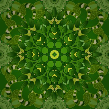 Vektör - stok. Yapraklı çiçekler ve bej, yeşil ve sarı renklerde papatya çiçekleri. Kusursuz arkaplan deseni.