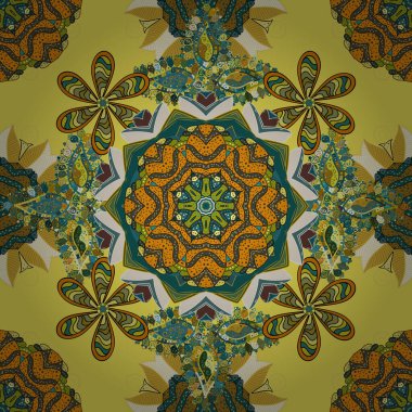 Mavi, sarı ve yeşil el çizimi desen. Karalama çiçekleri kusursuz desen. Vektör deseni. Sanat ilham verici, sarı ve yeşil renkli çiçekler ve yapraklar.