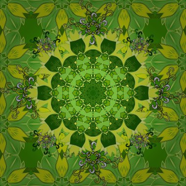 Renkli Bahar Temalı Kusursuz Arkaplan. Çiçeksel fantezi tasarımı, parlak bir arka planda, kusursuz bir desen. Düz Çiçek Elementleri Tasarımı.