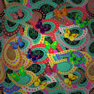 Çizimler için mükemmel, web sayfası geçmişi, yüzey dokuları, tekstil. Resimlerde tropik kelebekler görülür. Yeşil, mavi ve gri renkler üzerine kusursuz çiçek desenli arka plan. Vektör.