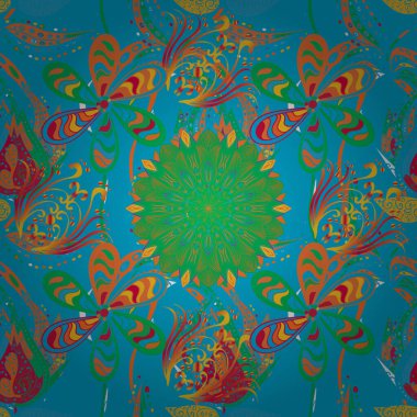 Şirin çiçek elementleri. Vektör çizimi. Turuncu, yeşil ve mavi renkli çiçekler. Kusursuz..