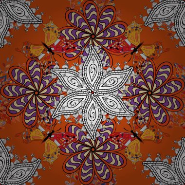 Turuncu ve siyah renklerde. Vektör çizimi. Çiçek buketleriyle klasik tarzda kusursuz desen.