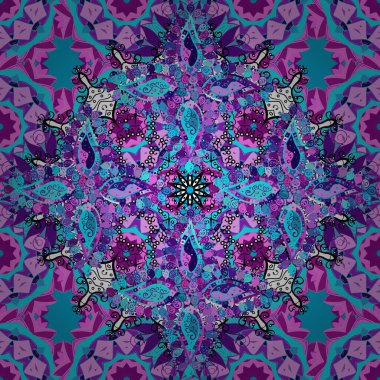 Vektör çizimi. 3 boyutlu çiçekler, pürüzsüz. Mor, mavi ve pembe renklerde.