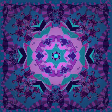 Eskiz, hediye kağıdı ve kumaş için karmaşık çiçek tasarımı öğesi. Olağandışı vektör süslemesi. Boho soyut, kusursuz desen. Pembe, mavi ve mor renkte renkli fayans mandala.