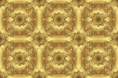 Raster illüstrasyonu. Altın elementli sarı ve kahverengi renkler. Doğu tarzı arabesk. Raster altın desen. Kusursuz altın desenli bukleler..