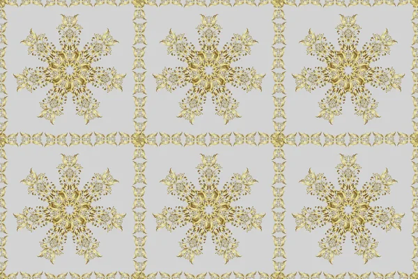 Golden seamless pattern on gray and neutral colors with golden elements. Seamless damask classic golden pattern. Raster abstract background with repeating elements. Raster illustration.