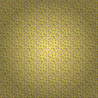 Kızlar için soyut arka plan, ambalaj kağıdı. Gıda elementleri sarı, nötr ve beyaz üzerine renkli tekrarlanan duvar kağıtları. Vektör çizimi. Kusursuz kek kalıbı.