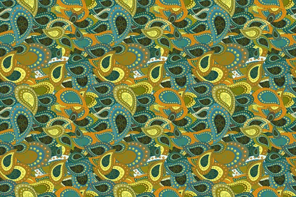 Doodles blue, green and yellow on colors. Raster. Design wrapping and gift paper, greeting cards, banner and posters design. Fashionable fabric pattern. Print.