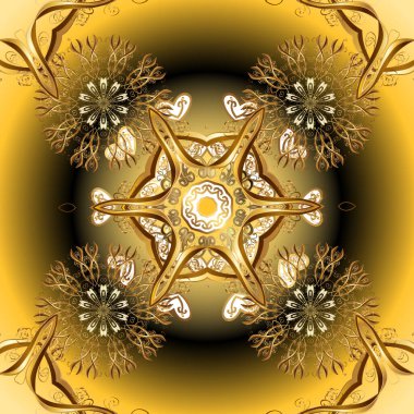 Kahverengi ve sarı renklerde altın kar taneleri. Sembol bayramı, yeni yıl kutlaması vektör altın desen. Noel altın kar tanesi kusursuz desen. Kış kar dokusu taslağı.