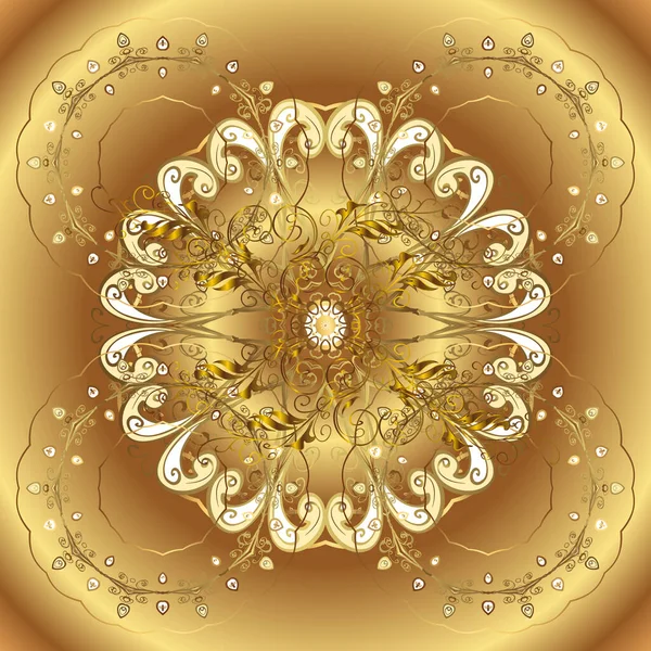 ダマスクシームレス繰り返しパターン ベージュとブラウンの黄金の要素 アンティークゴールドの再現性のあるスケッチ バロック様式の金花飾り — ストックベクタ