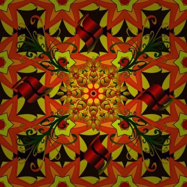 Tekrarlanan çiçek arkaplanı, zarif kırmızı, sarı ve turuncu çiçek çizimi. Çiçek desenleri kırmızı, sarı ve turuncu renklerde, el yapımı papatyalar, papatyalar.